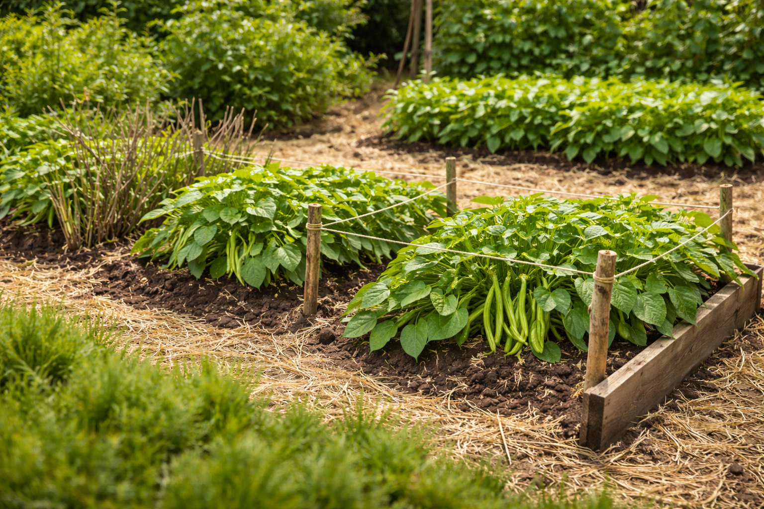 Low-support methods for bush beans including short stakes, twine lines, twiggy brush, and hilled soil