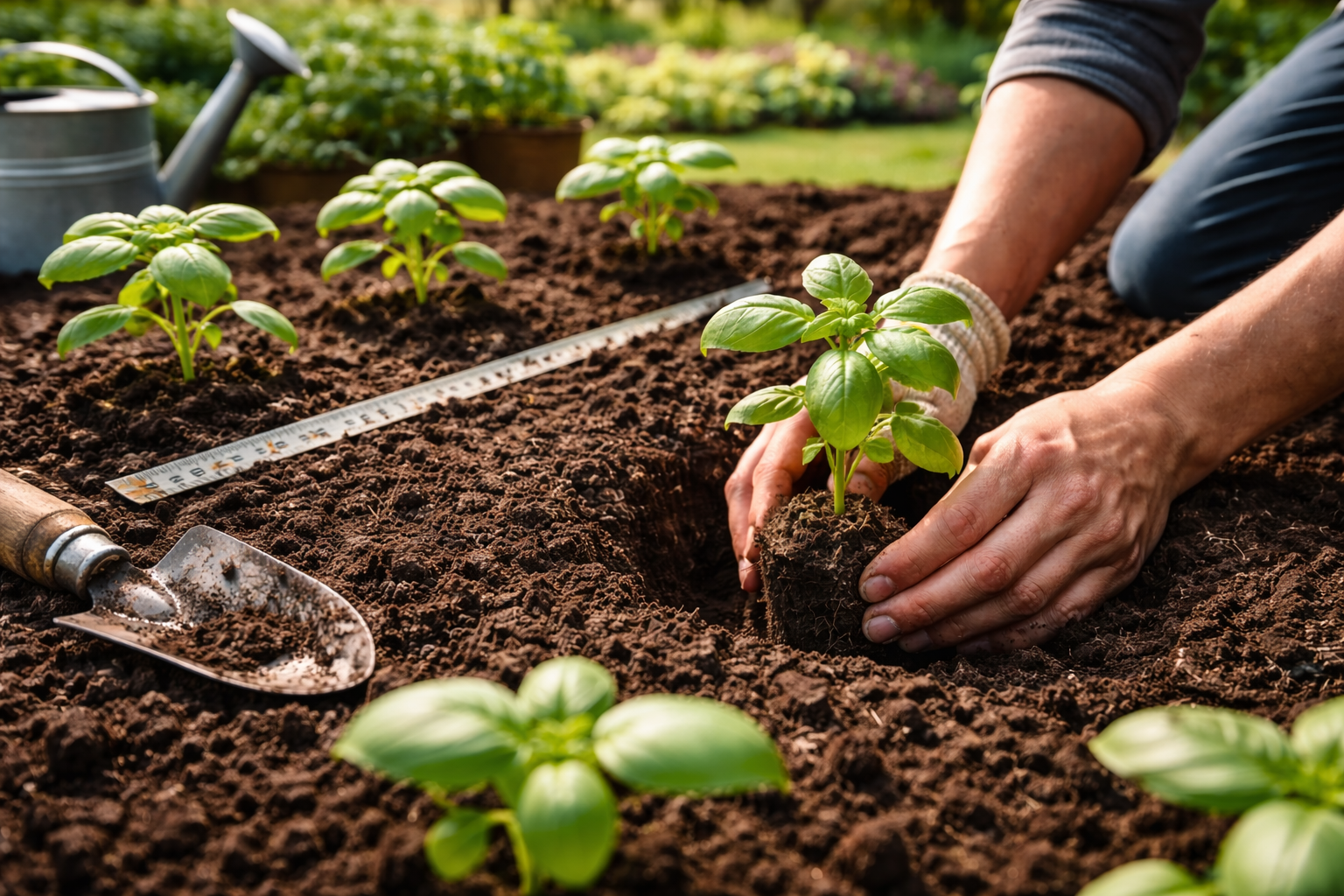 Basil seedling being transplanted at the same depth with clear spacing between plants