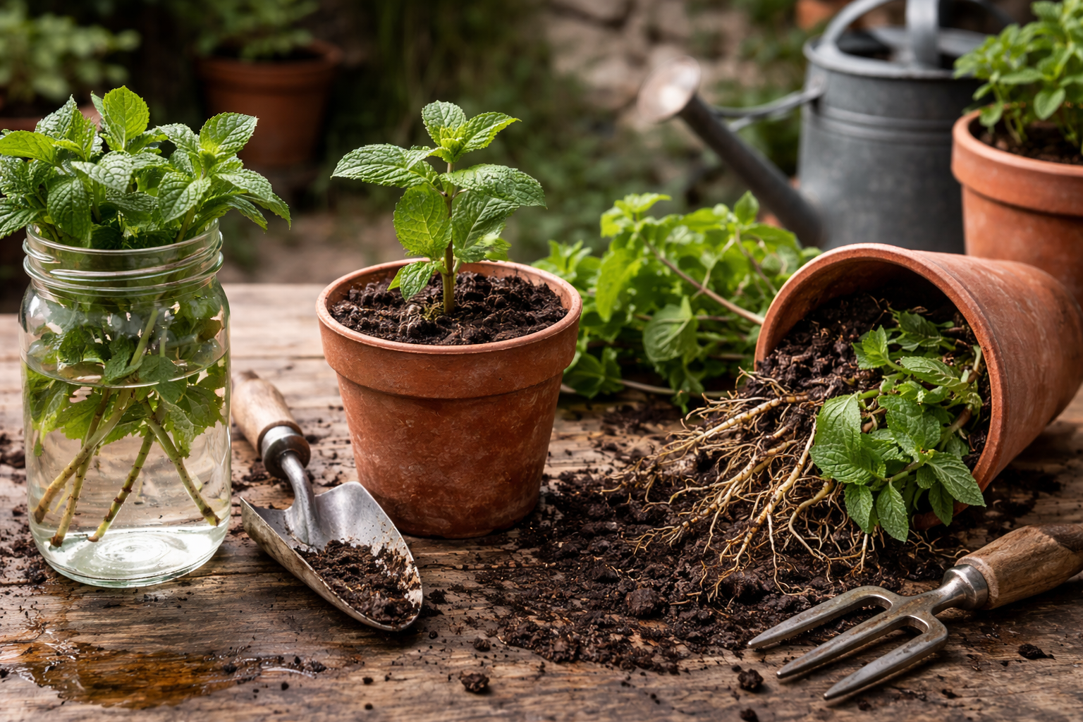 Side by side view of mint propagation in water, soil, and by division