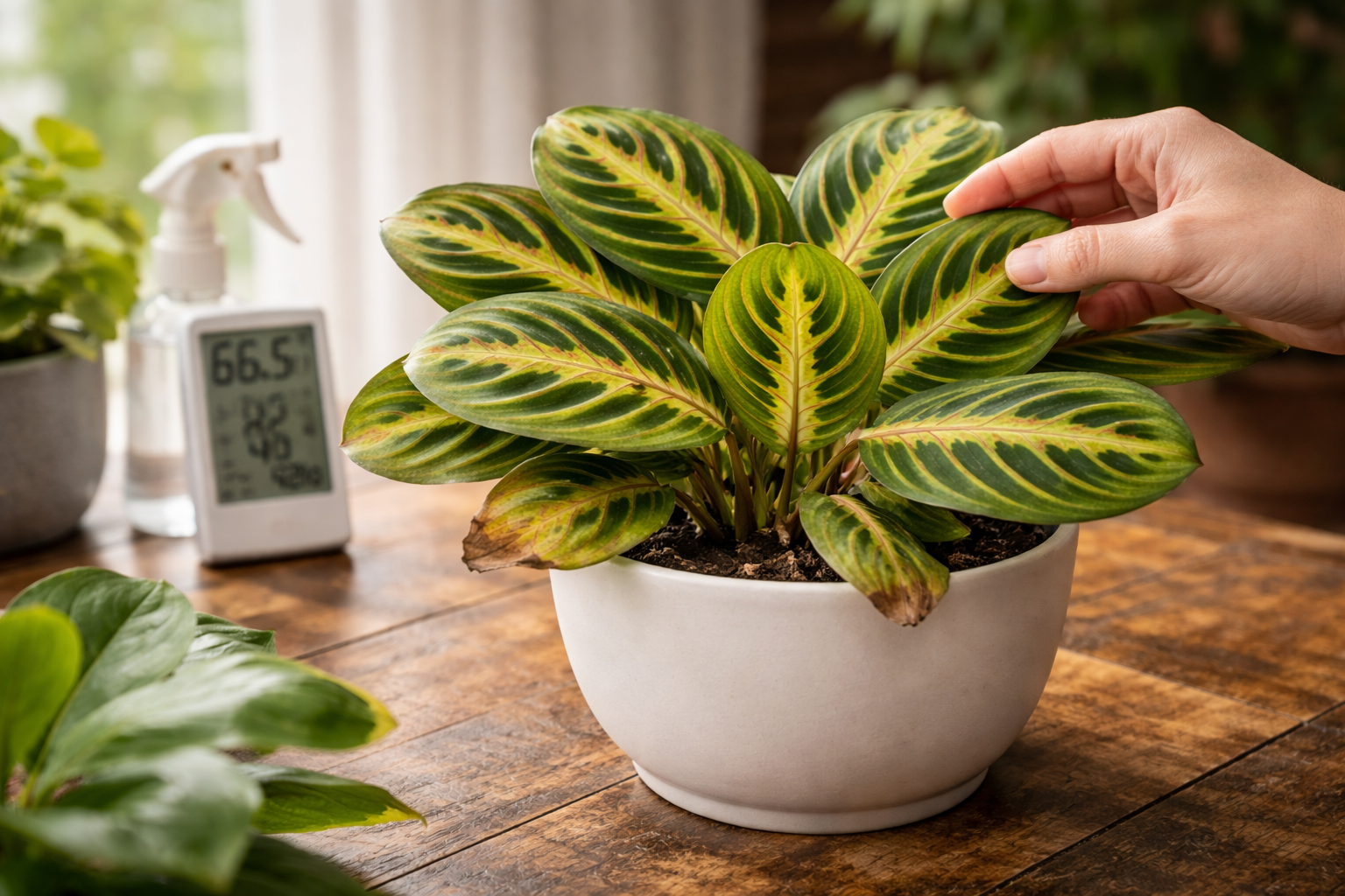 Prayer plant in bright indirect light next to a stressed plant with less leaf movement