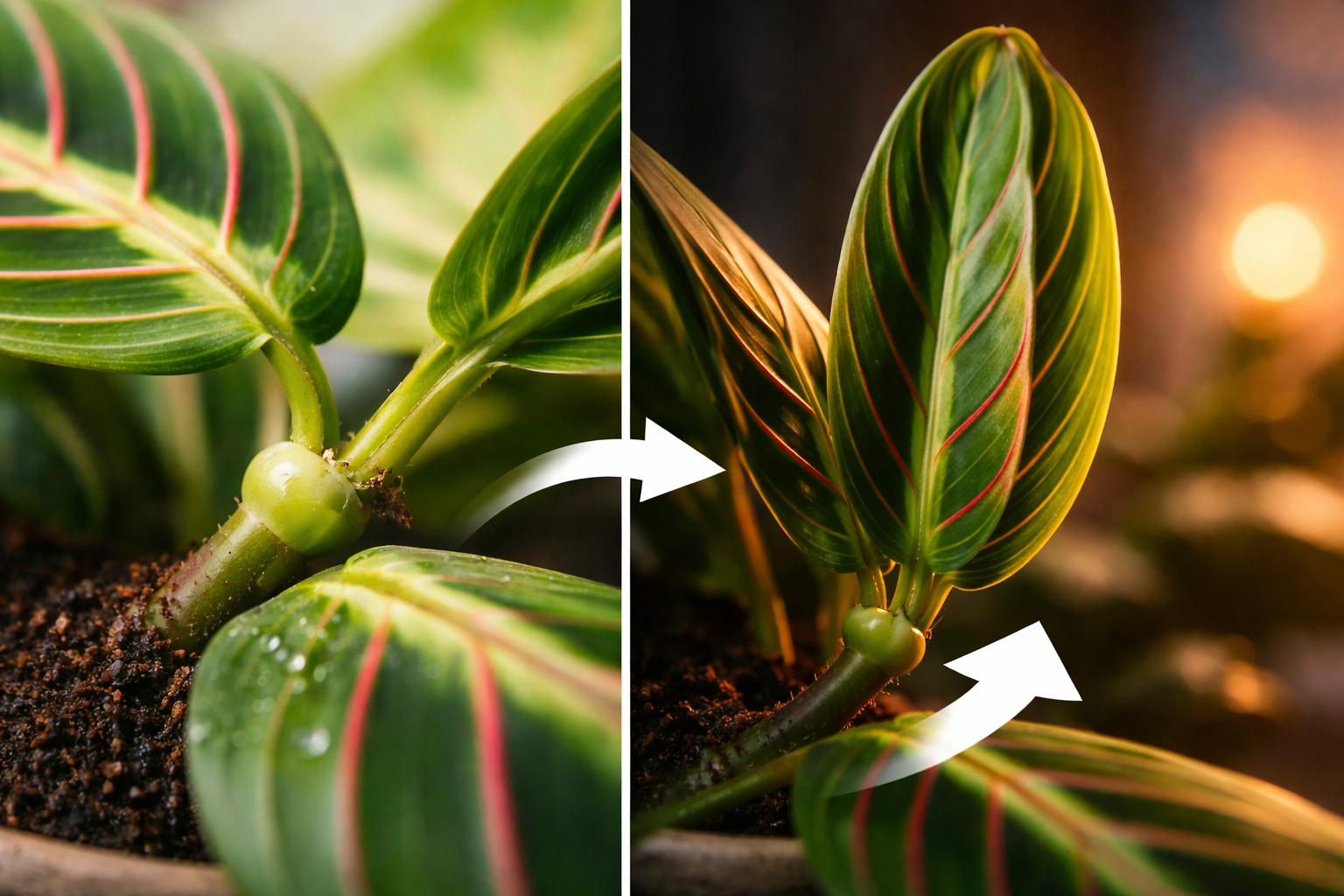 Close-up of a prayer plant leaf base showing the pulvinus where the leaf moves