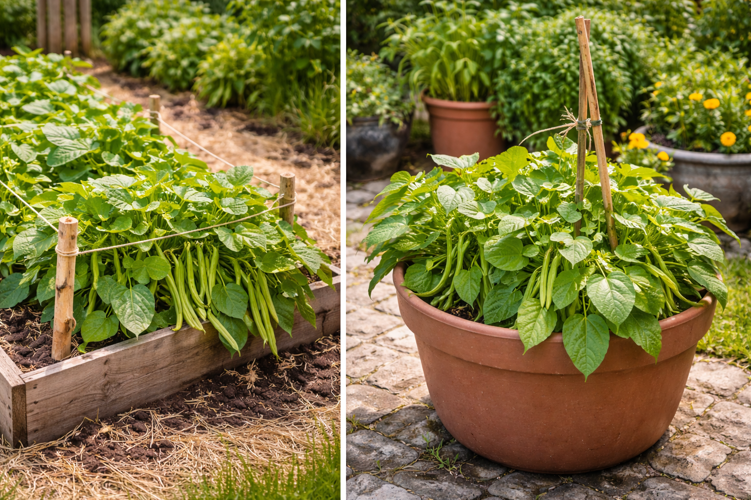 Bush bean plants leaning under pod weight in a raised bed and container with light support examples