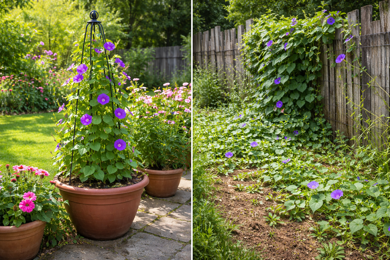 Morning glory growing neatly on a support versus spreading through an overgrown garden edge