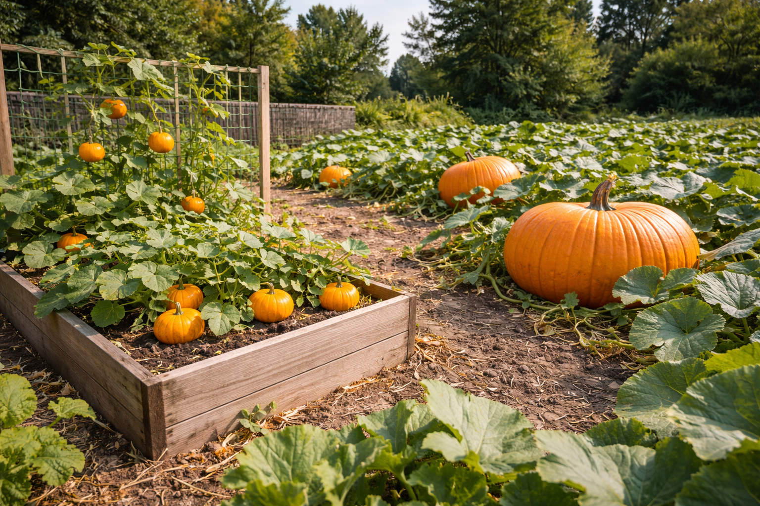 Raised bed with compact pumpkin plants next to a sprawling giant pumpkin patch for space comparison