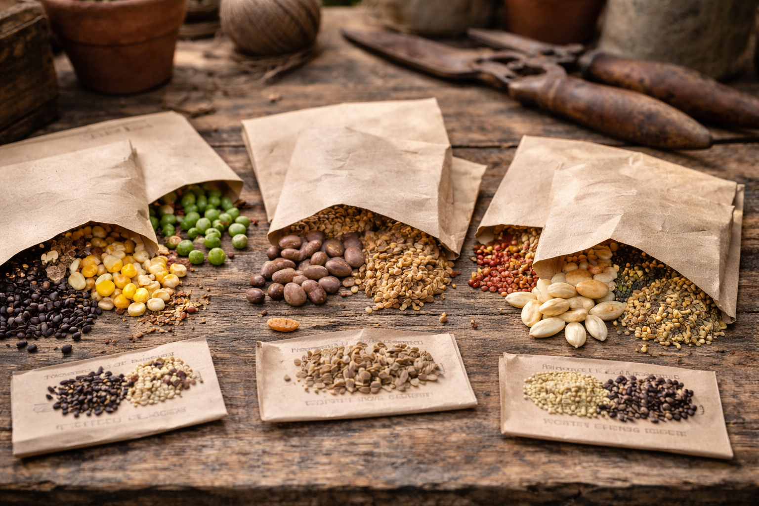 Grouped heirloom seed packets and loose seeds labeled by shorter and longer storage life
