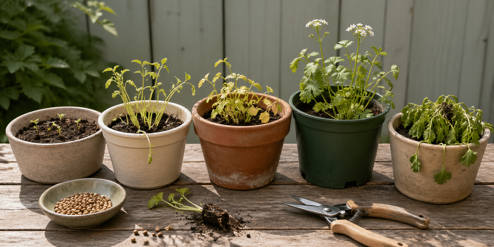 Potted cilantro seedlings showing common problems like leggy growth and yellow leaves