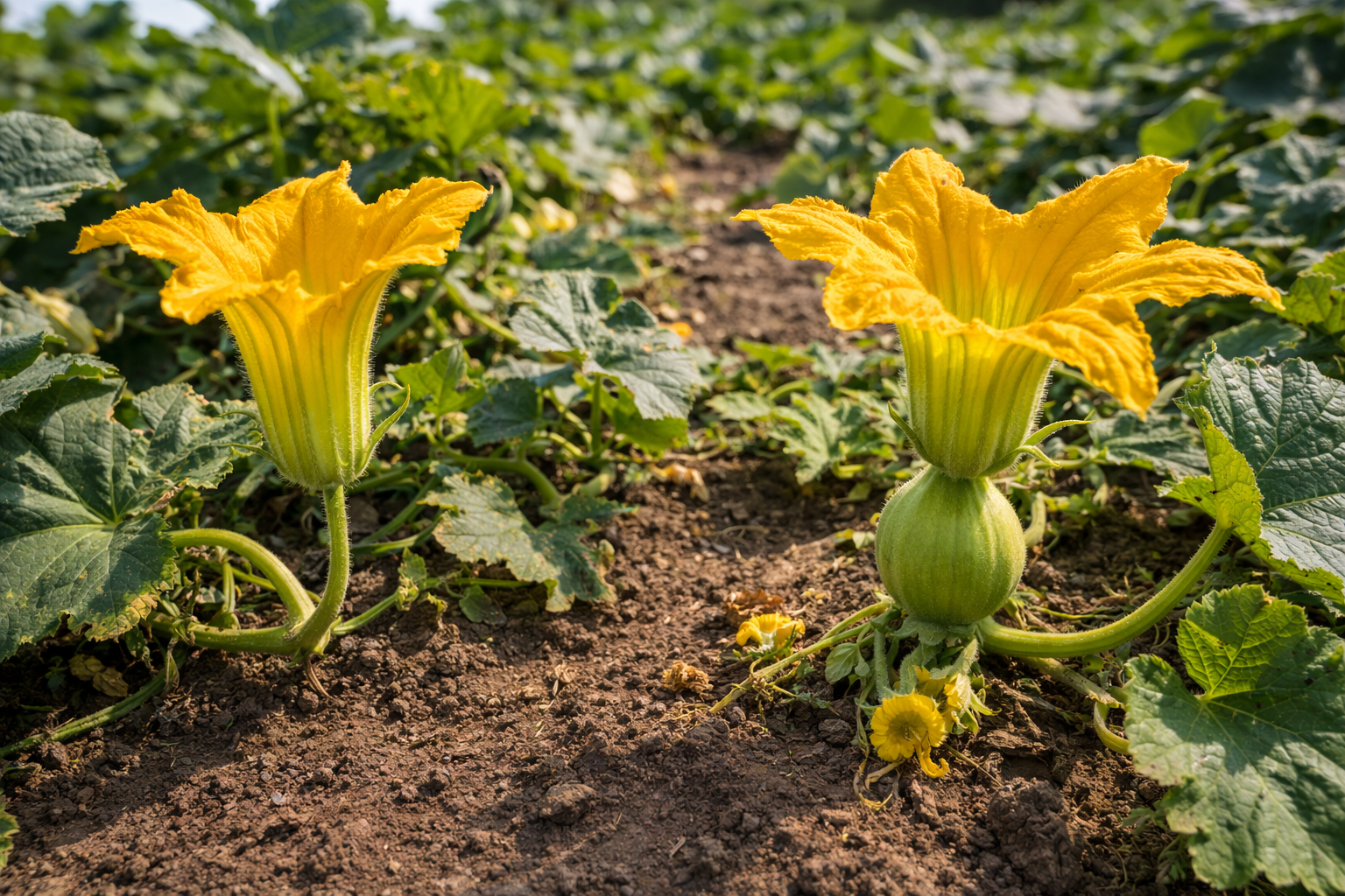 Close-up of male and female pumpkin flowers with the female flower's small fruit behind the bloom